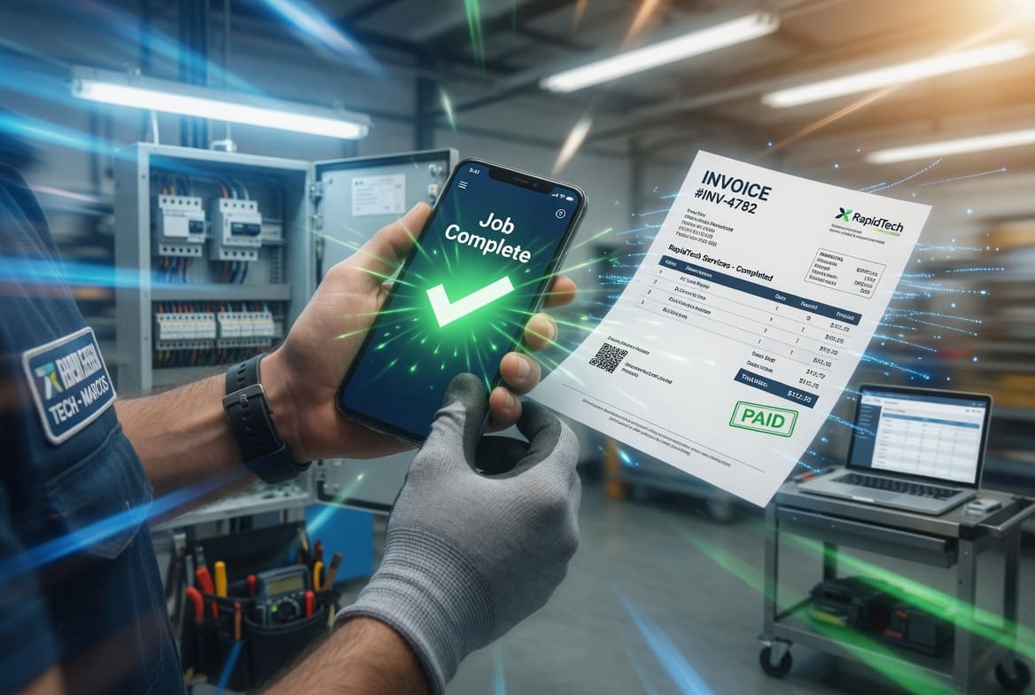 Technician holding a phone showing the Velocity Ticket app